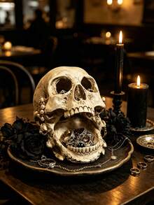1pc Gothic Distressed Skull Jewelry Display Stand, Multi-Functional Vintage Resin Ring & Earring Storage Tray, Suitable For Vanity, Jewelry Store Display, Halloween Party Decor, Tattoo Studio & Boutique Display - 1PC - View 5