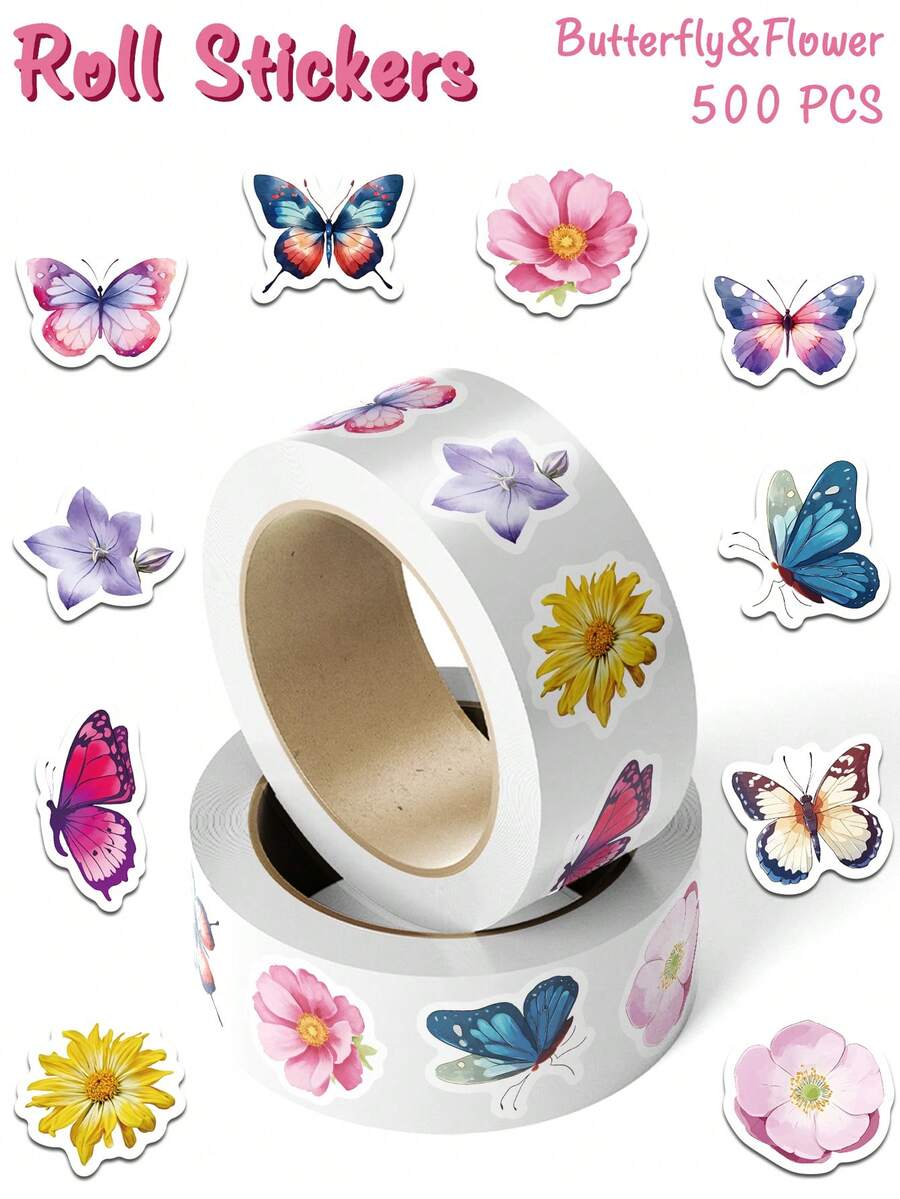 500pcs Butterfly & Flower Roll Stickers, Colorful Floral Butterfly Stickers For Notebook, Luggage, Skateboard, Guitar DIY, Aesthetic Creative Gift Stickers - Lilac Purple - View 1