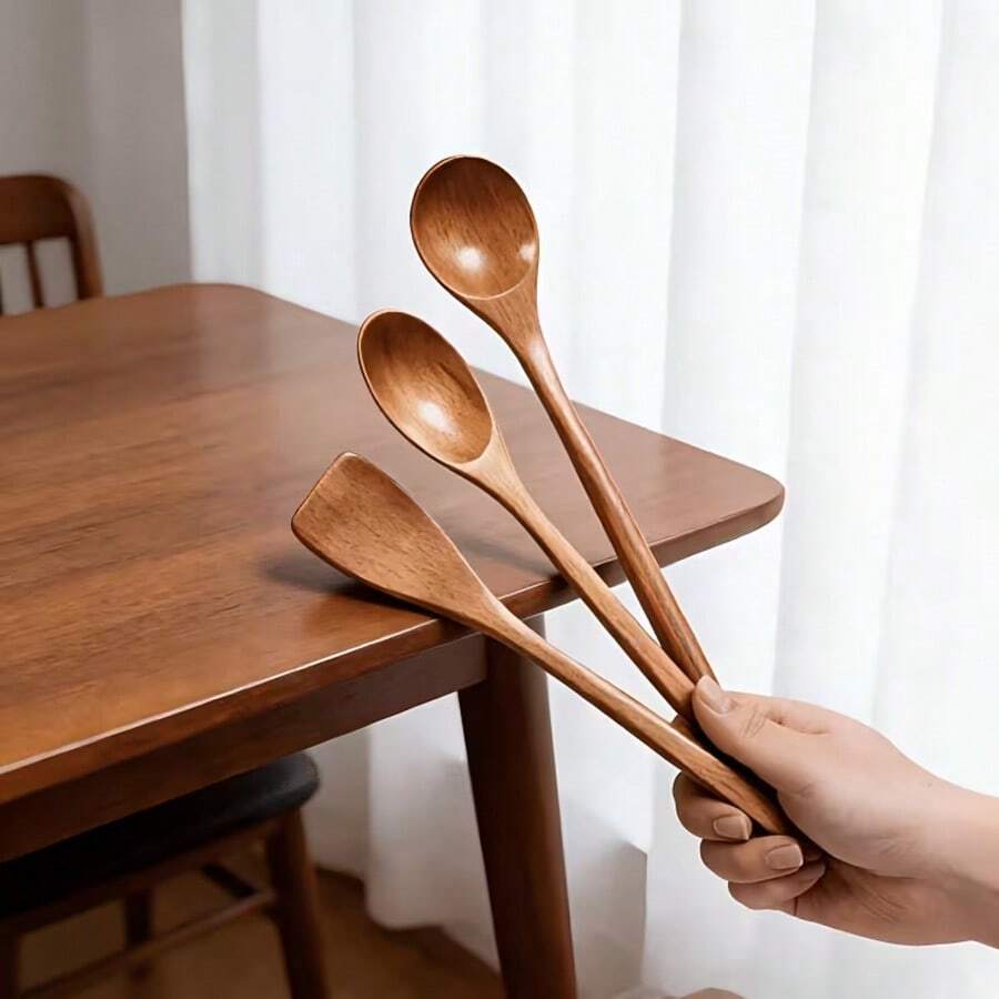 3 Peças Conjunto de Espátulas de Cabo Longo, Espátula de Cozinha de Cabo Longo, Colher de Madeira Pequena, Espátula de Madeira Antiaderente, Colher de Sopa, Colher de Mexer Durável, Conjunto de Utensílios de Cozinha Resistentes ao Calor, Presente de Decoração para Nova Casa - Laranja - Visão 1