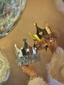2pcs Gold & Silver Glitter Fringe Party Hats, Suitable For Birthday, Celebration, Party, New Year Events And Other Holidays, Perfect For Thanksgiving - Multicolor - View 3