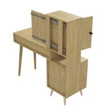 Modern Dressing Table With Mirror And Storage Space; The Mirror Is Retractable. It Features 5 Drawers, A Side Cabinet, And A Beige Upholstered Stool (With A Natural Wood Look). - 卡其色 - 查看 9