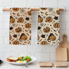 2pcs Halloween Cartoon Black Cat Pumpkin Seamless Pattern Kitchen Towels, Rectangular Microfiber Kitchen Towels, Dish Cloths, Scouring Pads, Hand Towels, Cooking Baking Tea Towels, Kitchen Decor, Housewarming Gift, Birthday Gift, Bathroom Cleaning Wipes, Decorative Towels - Multicolor - View 6