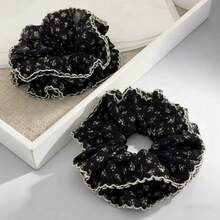 1 Piece Retro-Style Four-Layer Crocheted Hair Scrunchie With Black-And-White Contrasting Small Floral Prints And Korean Pleats, Lace Hair Tie - Multicolor - View 8