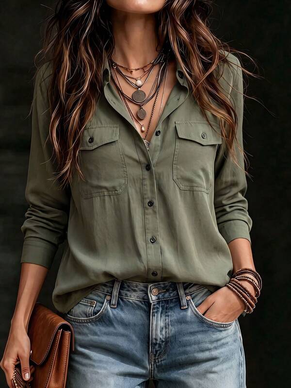 Women's Olive Green Utility Button-Up Shirt, Autumn/Winter New Style, Chest Pocket And Cuffed Sleeves, Loose Long Sleeve Top, Suitable For Back To School, Office, Outdoor