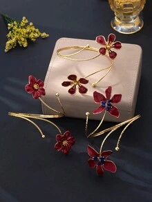 1pc Vintage Burgundy Enamel Floral Open Arm Cuff Bracelet, Dress Decorative Flower Armlet - Burgundy - View 3