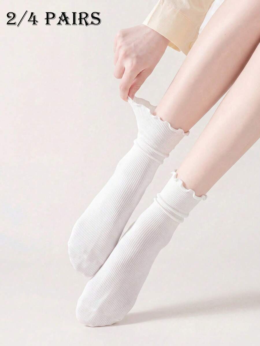 2/4 Pairs Women's Pure White Ruffle Lace High Elastic Breathable Mid-Calf Socks, Minimalist Romantic French Style, Suitable For Vacation, Dating, Daily Wear, Gift-Giving And Outfit Styling