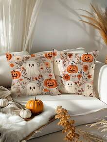 2pcs Cute Ghost Pumpkin Floral Pillow Covers, Vintage Autumn Wildflower Cute Ghost Jack-O'-Lantern Decorative Throw Pillow Covers, Suitable For Halloween, Country Farmhouse, Sofa, Bedroom, Porch, Pastoral Style Holiday Home Decor, Autumn Soft Furnishing - Multicolor - View 1