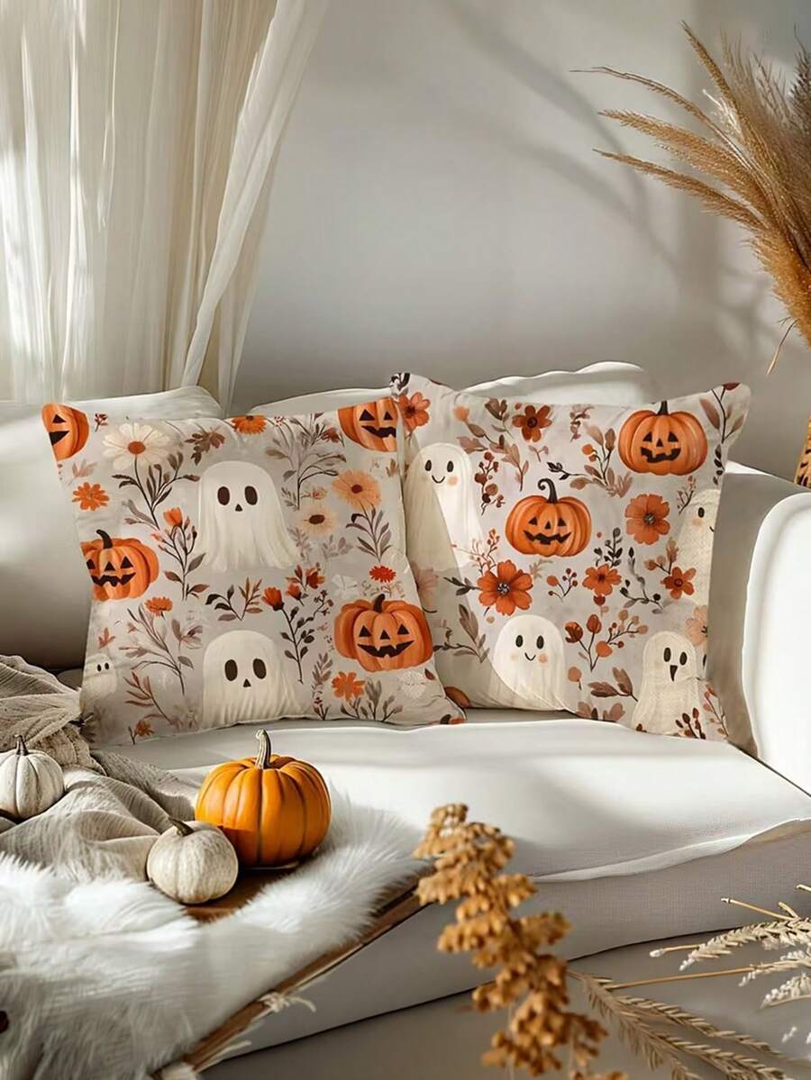 2pcs Cute Ghost Pumpkin Floral Pillow Covers, Vintage Autumn Wildflower Cute Ghost Jack-O'-Lantern Decorative Throw Pillow Covers, Suitable For Halloween, Country Farmhouse, Sofa, Bedroom, Porch, Pastoral Style Holiday Home Decor, Autumn Soft Furnishing - Multicolor - View 1
