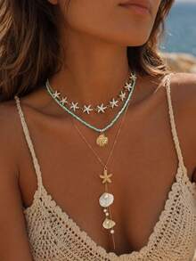 3pcs/Set Beach Vacation Style Ocean Triple Layer Necklace, Fashionable Light Green Seed Bead Starfish Shell Tassel Faux Pearl Decor Gold Color Women's Neck Jewelry, Suitable For Daily Wear, Summer Vacation, Date, Party, Music Festival, Seed Bead Size And Quantity Are Random And Not Fixed - Multicolor - View 1