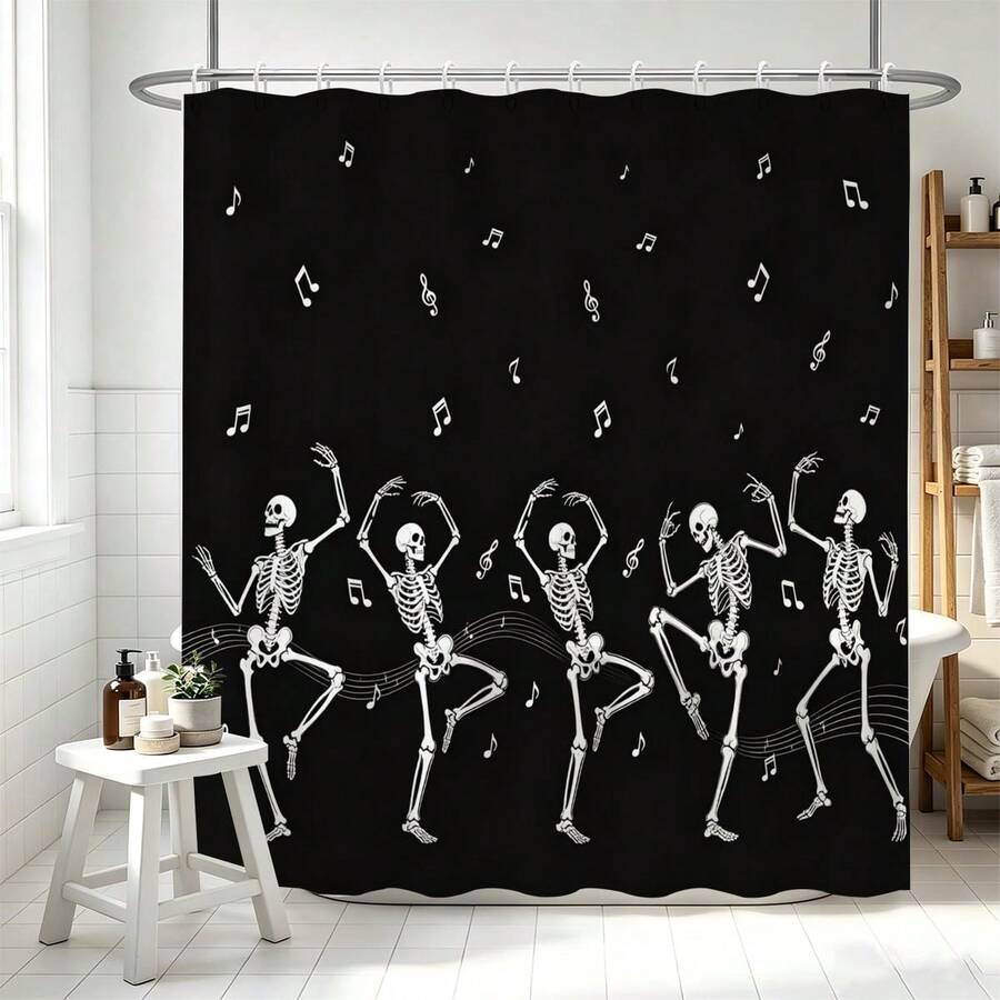 1pc Multi-Size Dancing Skeleton Musical Note Halloween Shower Curtain Bathroom Curtain Decorative Shower Curtain, Bathroom Accessories Home Decor Gift - Includes 12 Hooks - Multicolor - View 1