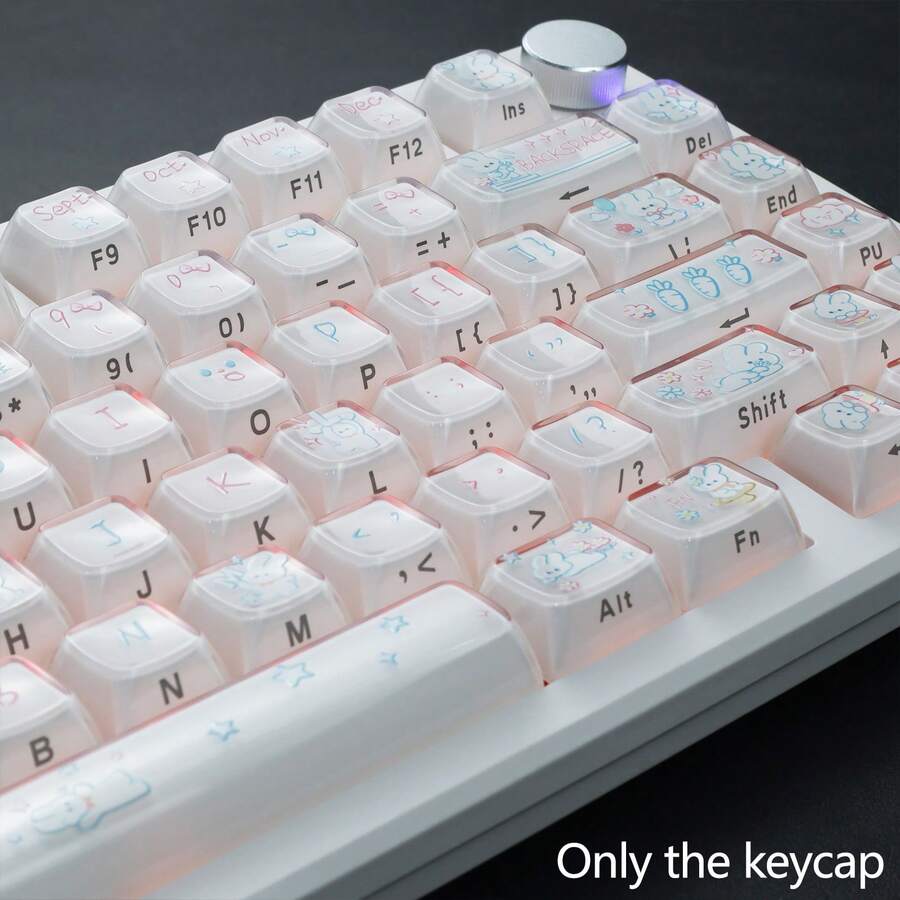 Keycaps PC Transparan Crystal Jelly Profil MDA, Cetakan Kelinci Lucu, Komponen Pengganti Modifikasi Keyboard Mekanik, Kompatibel dengan Switch MX, Spacebar 6.25U, Universal untuk Gaming & Kantor, Hanya Keycaps (Keyboard Tidak Termasuk)