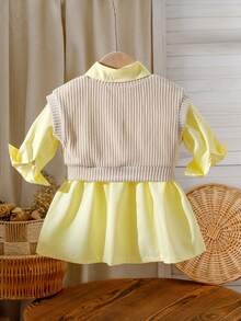 2pcs/Set Baby Girl Embroidered Vest & Striped Long Sleeve Shirt Dress, Casual Daily Wear, Versatile Outfit, Spring/Summer, Preppy Style - Mustard Yellow - View 5