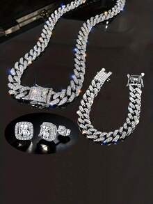 3pcs Full Iced Out Cuban Chain Jewelry Set,Unisex Necklace/Bracelet/Studs Earring,Perfect For Rappers Stage Performance,Daily Street Matching&Gifting - A - View 12
