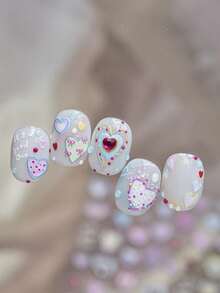 1 Sheet Crystal Diamond Embossed Multi-Color Heart Nail Art Stickers, Macaron Polka Dot Outlined Cursive English Self-Adhesive Stickers, Cute Sweet Style Daily Nail Decorations - Multicolor - View 5