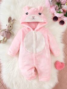 Newborn Baby Girl Autumn/Winter Cute Cartoon Rabbit Embroidered Flannel Long Sleeve Hooded Jumpsuit - Pink - View 3
