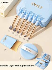 OEIEZ Double Layer Makeup Brush Set With Built-In High Definition Mirror, Mini Foundation Brush, 6pcs Eyeshadow Brushes, Powder Puff, Portable Travel Makeup Tools - Multicolor - View 3