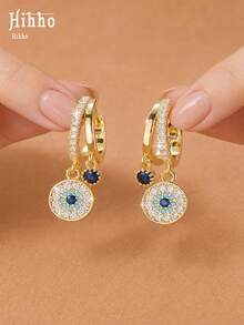 Hihho 1 Pair Luxury Exquisite Devil Eye Round Stud Earrings, Delicate And Lively Women's Ear Jewelry Suitable For Daily Commute, Dinner, Party Wear - Evil Eye - View 6