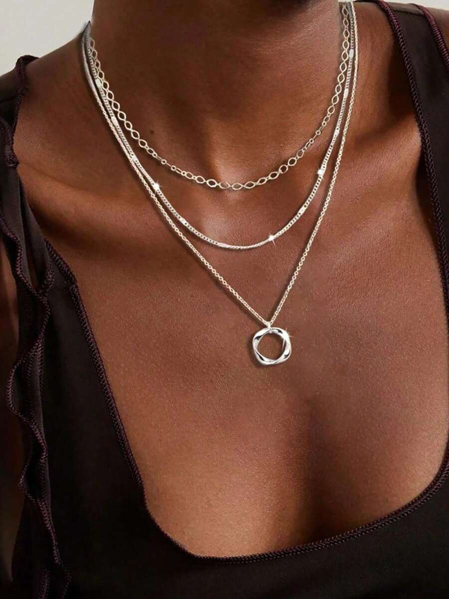 A Stainless Steel Three-Layer Design Necklace,Stylish Round Pendant Design, Suitable For Parties, Vacations, And Daily Additions For Men And Women - Multicolor - View 1
