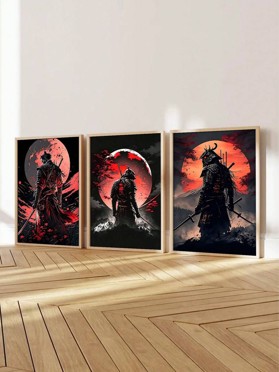 3件裝 神秘戰士壁飾,紅月與山脈背景可選 - 抽象 - 查看 1