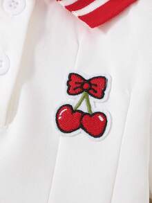 Autumn/Winter New College Style Striped Polo Collar Girls Dress, Cherry Embroidery Contrast Color Ribbed Cuffs, Waist-Cinched Long Sleeve Baby Girl Polo Princess Dress - White - View 5