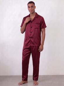 Snug League Setelan Piyama Pria Dua Potong dengan Atasan Kancing Terbuka dan Celana Panjang - Burgundy - View 6