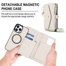 Étui de téléphone avec portefeuille magnétique amovible pour femmes, compatible avec la charge sans fil, fente de carte anti-vol RFID, avec sangle bandoulière, compatible avec iPhone 16e/16/15/14/13/12/11 Pro Max X XS XR XS Max SE 2022 7 8 Plus, convient pour le shopping, les voyages, les cadeaux d'anniversaire et plus encore - Blanc - Voir 4
