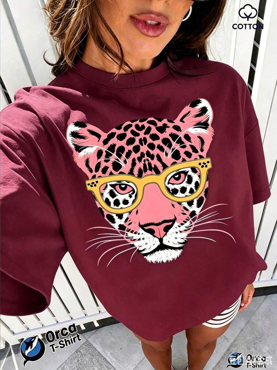 2026 New Women's Ocean Resort Style Short Sleeve T-Shirt, 100% Cotton Loose Fit, Colorful Tropical Fish And Starfish Decorative Print, Breathable And - 酒紅色 - 查看 1