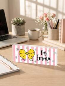 1pc Custom Teacher Desk Name Plate, Personalized SPink Striped Bow Pencil Daisy Long Freestanding Acrylic Table Block,Teacher Appreciation Gift,Back To School,Office Desk Decor,Teacher Office Workstation - Multicolor - View 4