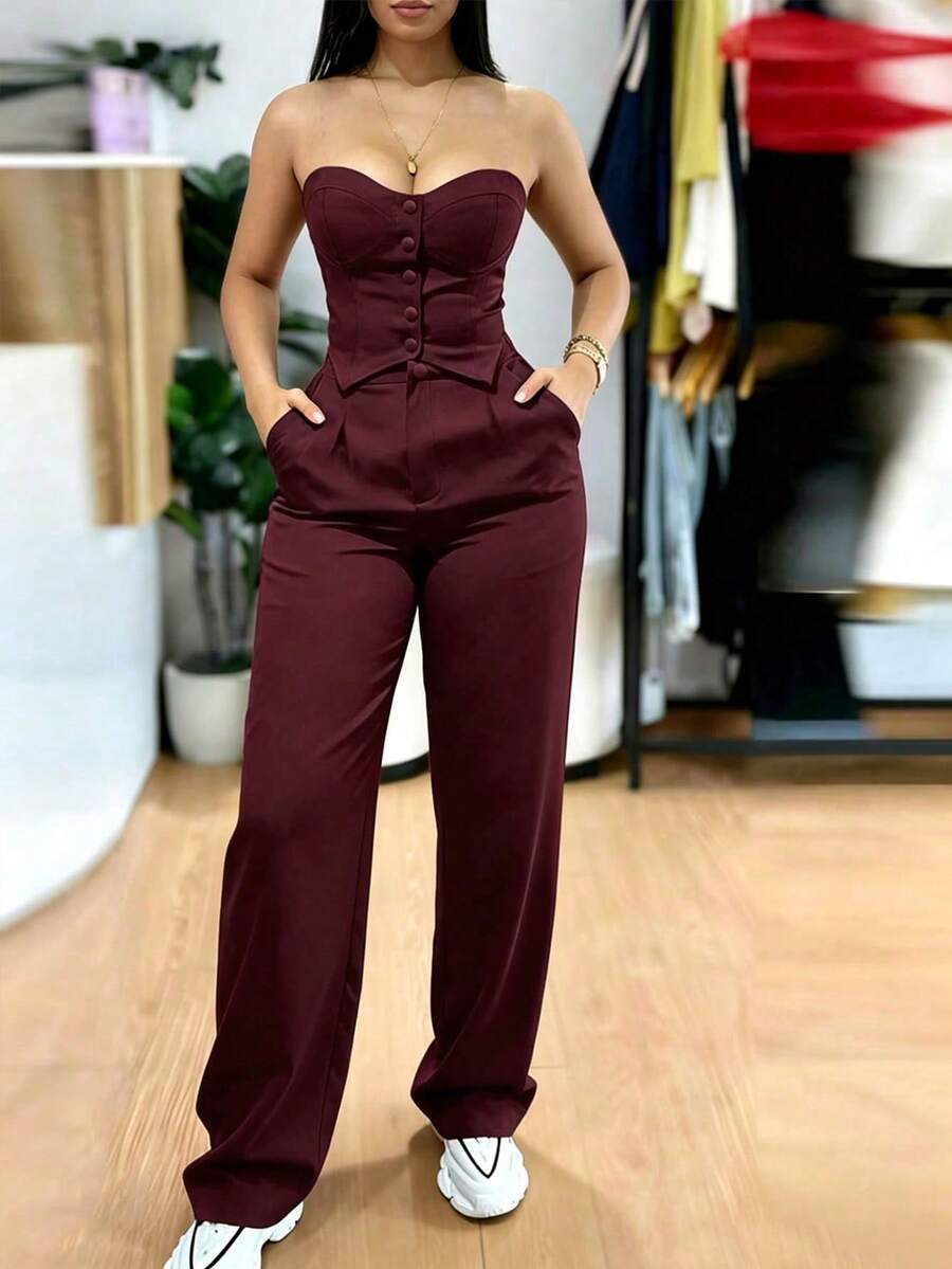 Women's Casual Solid Color Bandeau Top Paired With Wide Leg Pants, Comfortable Neutral Tone Outfit, Suitable For Women Of All Body Types