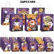 12/24PCS Halloween Series Purple Kraft Paper Gift Bags, Ghost & Pumpkin Lantern Pattern Printed Tote Bags, Multi-Functional Gift Packaging Bags For Birthday, Halloween Party Decoration, Thanksgiving, Christmas Celebration, Party Supplies Shopping Bags - 553 - View 14