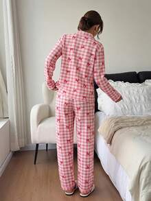 2pcs/Set American Plaid Bow Print Autumn/Winter Pajama Set, Lapel Button Long Sleeve Top And Pants, Women's Sleepwear Loungewear Set - Red - View 2