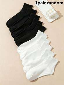 1/10 Pairs Women's Black & White Solid Color Short Socks, Comfortable Breathable Minimalist Casual Women's Socks, Moisture-Wicking, Couple Style, Suitable For Daily Wear, Home, Office, School, Sports, All Seasons - Black and White - View 9