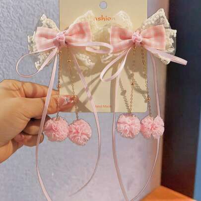 2個セット 女の子用 上品なプレミアム生地 チェック柄 リボン チェーン タッセル ヘアクリップ、学校への贈り物、日常使い
