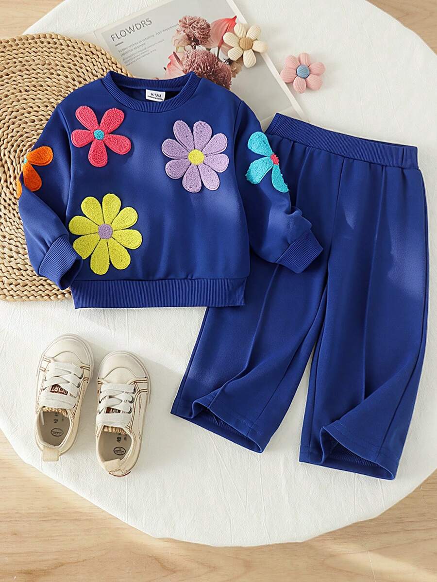 2pcs Baby Girl Casual Style 3D Colorful Towel Embroidery Floral Decor Round Neck Long Sleeve Thin Sweatshirt & Solid Straight Leg Pants Set, Spring/Autumn - Royal Blue - View 1