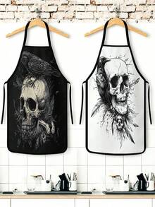 2/4PCS Dark Art Halloween Skull Crow Apron Set, Tattoo Style Skeleton Raven Feather Ornate Pattern Kitchen Apron, Waterproof Oilproof Cooking Bib For Baking Grilling, Gothic Spooky Home Decor Halloween Party Gift For Women Men - Multicolor - View 2