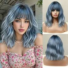 Women's Short Curly Wig (Blue-Grey Gradient, With Bangs) - Synthetic Fiber Wig Suitable For Daily Wear, Cosplay And Party; Features Rose Inner Net Design, Voluminous And Naturally Blended; Wavy Curl Style, Suitable For Halloween, Music Festival And Other Occasions, Fits Multiple Skin Tones - Blue Ombre - View 3