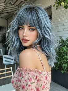 Women's Short Curly Wig (Blue-Grey Gradient, With Bangs) - Synthetic Fiber Wig Suitable For Daily Wear, Cosplay And Party; Features Rose Inner Net Design, Voluminous And Naturally Blended; Wavy Curl Style, Suitable For Halloween, Music Festival And Other Occasions, Fits Multiple Skin Tones - Blue Ombre - View 12