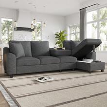Modern Chenille L-Shape Sofa 3 Seater + Corner Unit, Corner Unit With Folding Storage, Adjustable - 灰色四座 - 查看 3