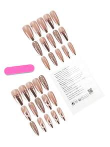 30pieces Press On Nails Long Almond Nude Champagne Gold Mirror Metallic French Wave Ribbon Bow Polka Dot Cat Eye False Nails Fake Nails With Nail Glue Stickers File Suitable For Gatherings, Festivals, And Daily Use - Multicolor - View 3