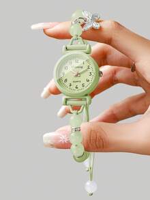 Women's Adjustable Cord Beaded Watch With Butterfly Pendant, Small Digital Dial, Versatile Niche Quartz Wristwatch, Gift For Girlfriend (1pc/Set) Watch Box Not Included - Green - View 3