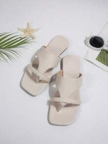 Women's Fashion Square Toe Open Toe Thong Slide Sandals, Comfortable Slip-On Daily Hot Girl Style - Beige - View 6