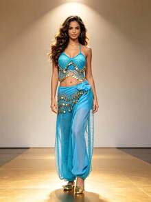 Banquet Dance Party Belly Dance Ornate Coin Sequin Halter Top With Waist Sash, Shimmer Dot Mesh Harem Pants For Themed Event And Stage Performance - Multicolor - View 9