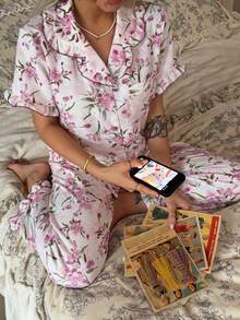 2pcs Women's Pajama Set, Elegant Ruffle Short Sleeve Long Pants Pajama Set, Open Front Collar Comfortable Pajamas - Soft Short Sleeve Button-Up Top And Elastic Waist Long Pants, Casual Loungewear - Multicolor - View 1