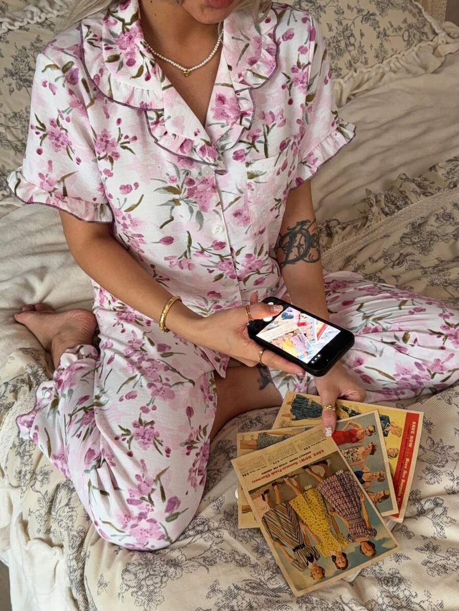 2pcs Women's Pajama Set, Elegant Ruffle Short Sleeve Long Pants Pajama Set, Open Front Collar Comfortable Pajamas - Soft Short Sleeve Button-Up Top And Elastic Waist Long Pants, Casual Loungewear - Multicolor - View 1