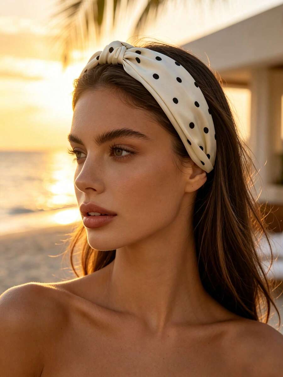 1 Stück breites gepunktetes Haarband mit Knoten für Damen, Satin-Stoff mit Twist-Obenknoten, modisches Haaraccessoire für Urlaub und Strand - Verschiedenfarbig - Übersicht 1