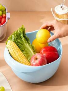 Vegetable Washing & Draining Basket, Creative Plastic Handle Strainer, Practical Multi-Functional Kitchen Tool. Product Features: Large Capacity Streamlined Design, Fast Draining & Storage - Multicolor - View 10