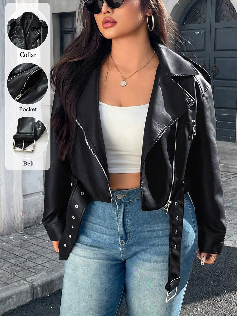 Jaket Pendek Kulit PU Ukuran Besar Wanita Model Vintage Bahu Jatuh Lengan Panjang dengan Sabuk Musim Gugur