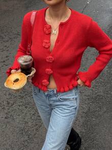 Romantic Pink Round Neck Knit Cardigan 3D Rose Fasteners Ruffle Edge Long Sleeve For Fall Holiday Brunch City Strolls - Red - View 5
