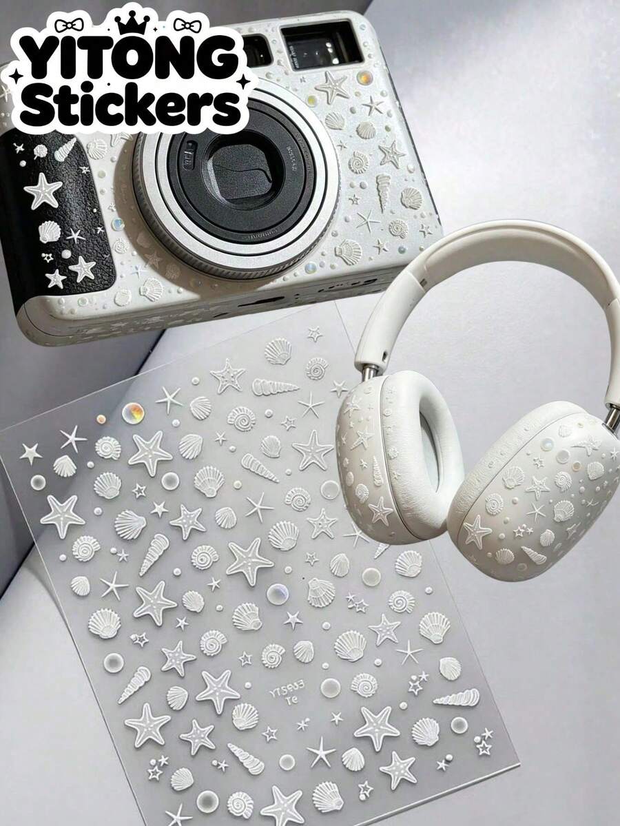 1 pieza Pegatina de estrella de mar y concha de mar blanca pura suave estilo Ins, pequeña decoración para modificación de Body de cámara y auriculares, adhesivo autoadhesivo sin corte para accesorio digital personalizado - Estrella de mar blanca con concha - Ver 1