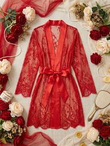 Spring/Summer Lace Trim Comfortable Soft Robe With Waist Tie For Women, All-Season Party Pajamas - Red - View 4